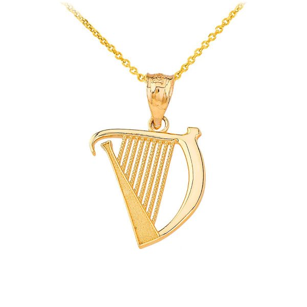 Textured Celtic Harp Pendant Necklace in 9ct Gold