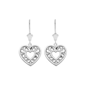 Textured Heart Drop Earrings in Sterling Silver