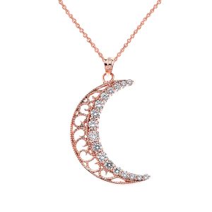 CZ Decorative Crescent Moon Pendant Necklace in 9ct Rose Gold