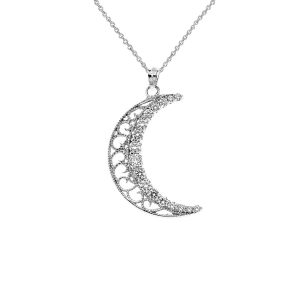 CZ Decorative Crescent Moon Pendant Necklace in Sterling Silver