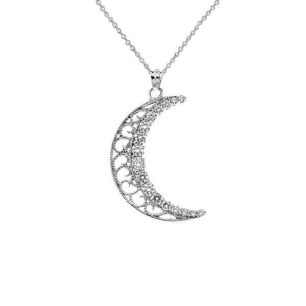 CZ Decorative Crescent Moon Pendant Necklace in Sterling Silver