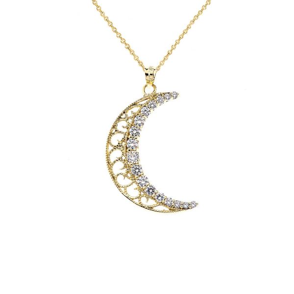 CZ Decorative Crescent Moon Pendant Necklace in 9ct Gold