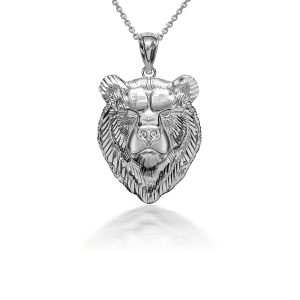 Men's Bear Pendant Necklace in 9ct White Gold