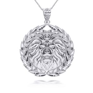 Men's Ornate Lion Head Medallion Pendant Necklace in 9ct White Gold