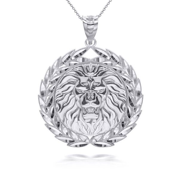 Men's Ornate Lion Head Medallion Pendant Necklace in 9ct White Gold