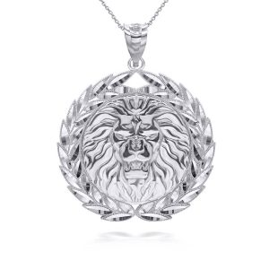 Men's Ornate Lion Head Medallion Pendant Necklace in Sterling Silver