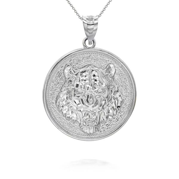 Men's Roaring Tiger Medallion Pendant Necklace in 9ct White Gold