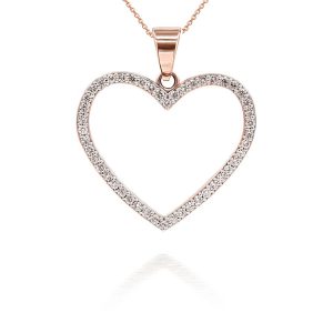 Diamond Detailed Decorative Open Heart Pendant Necklace in 9ct Rose Gold