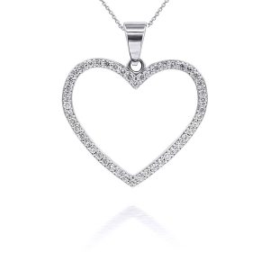 Diamond Detailed Decorative Open Heart Pendant Necklace in 9ct White Gold