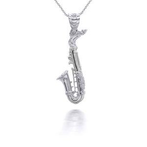 3D Saxophone Pendant Necklace in 9ct White Gold