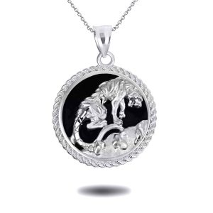 Tiger Medallion Pendant Necklace in Sterling Silver