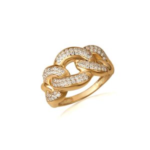 CZ Embellished Chunky Cuban Chain Ring in 9ct Gold