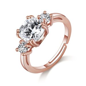 Rose Gold Plated Adjustable Three Stone Ring Created with Zircondia® Crystals