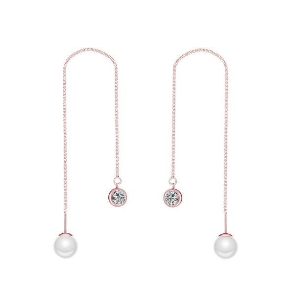 Rose Gold Plated Pearl Thread Earrings Created with Zircondia® Crystals