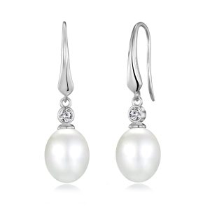 Sterling Silver White Pearl Drop Earrings Created with Zircondia® Crystals